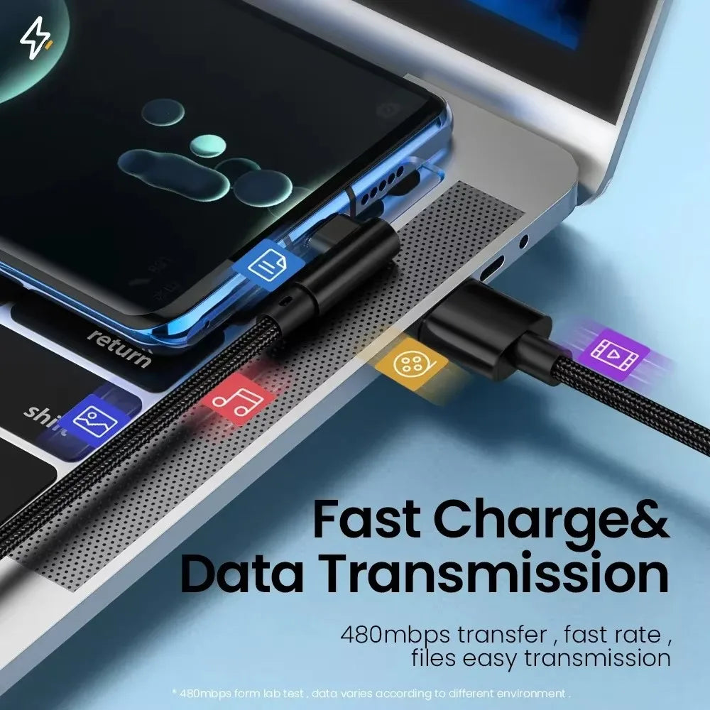 6A 66W USB C Fast Charging Cable 90° Right Angle for Iphone Xiaomi 14 Redmi Huawei OPPO Samsung Gaming Phones Nylon Braided Cord