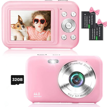 Digital Camera Kids Camera with 32GB Card FHD 1080P 44MP Vlogging Camera 16X Digital Zoom Portable Camera (Pink)