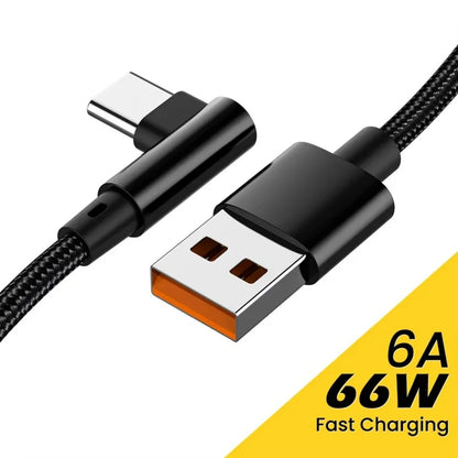 6A 66W USB C Fast Charging Cable 90° Right Angle for Iphone Xiaomi 14 Redmi Huawei OPPO Samsung Gaming Phones Nylon Braided Cord