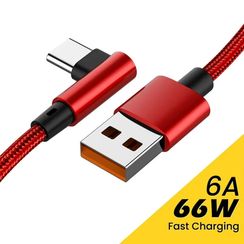 6A 66W USB C Fast Charging Cable 90° Right Angle for Iphone Xiaomi 14 Redmi Huawei OPPO Samsung Gaming Phones Nylon Braided Cord